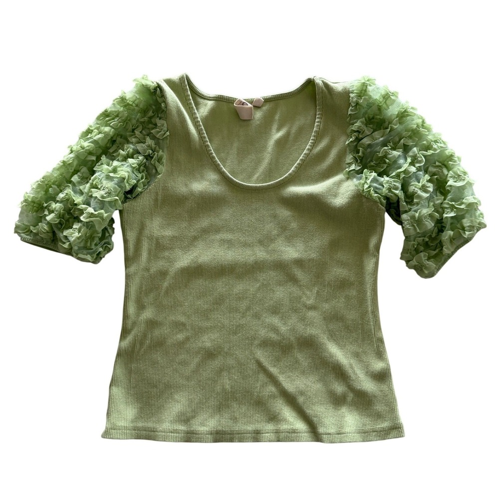 Dolan Left Coast Collection Sage Green Ribbed Ruffle Puff Sleeve Top Medium